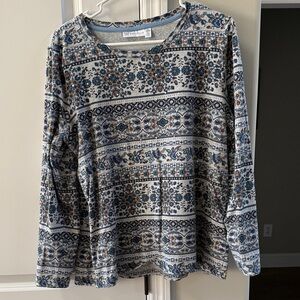Rafaella Blue and Cream Floral-Stripe Long Sleeve Tee